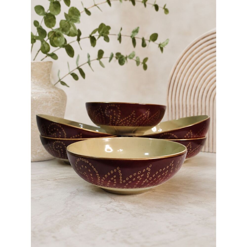 Pier 1 Matira Stoneware Cereal Soup Bowls Set of 6 Burgundy Cream Dotted Swirl